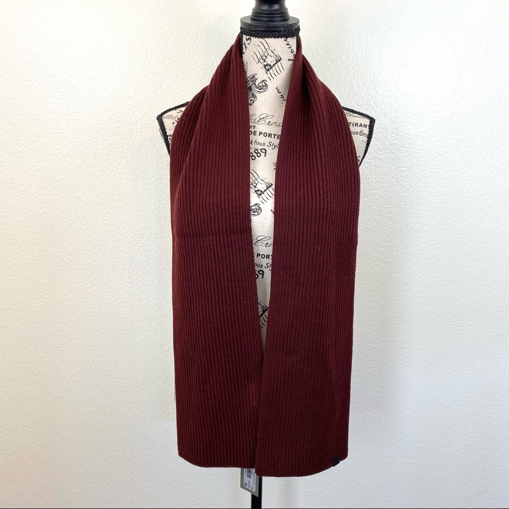 All Saints Narrow Rib Scarf Maroon Merino Wool - Picture 2 of 5
